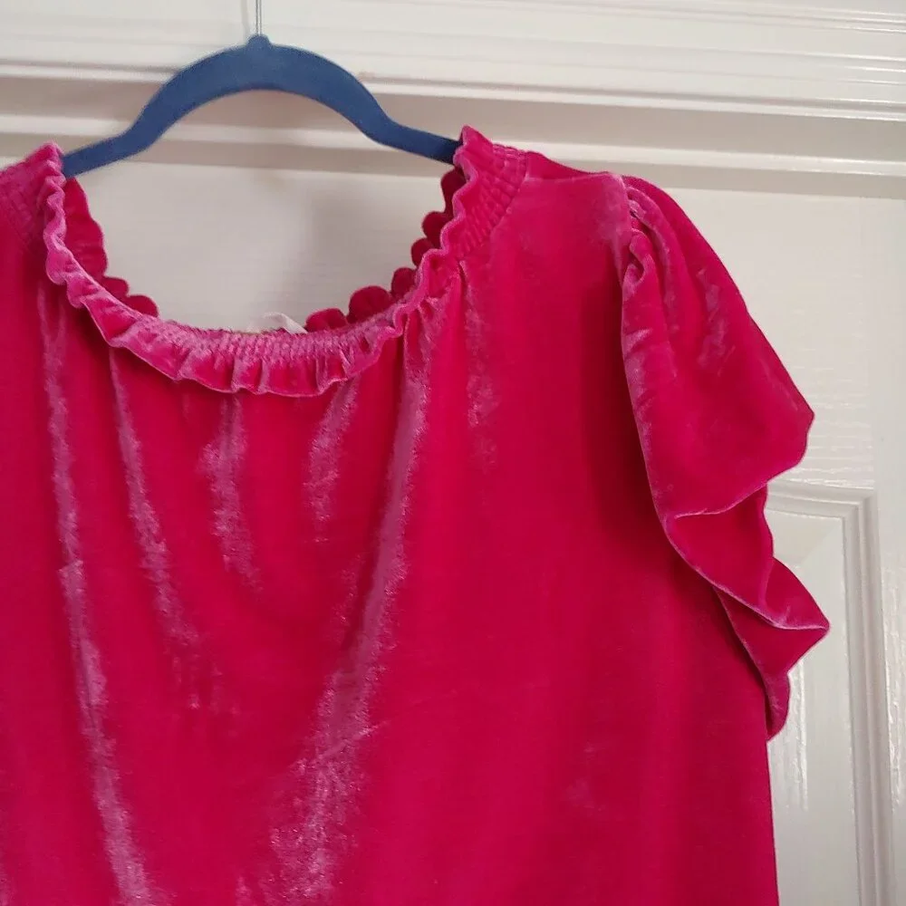 Free People Terese Velvet Short Sleeve Top Ruffle Coquette Twee Barbiecore Girly